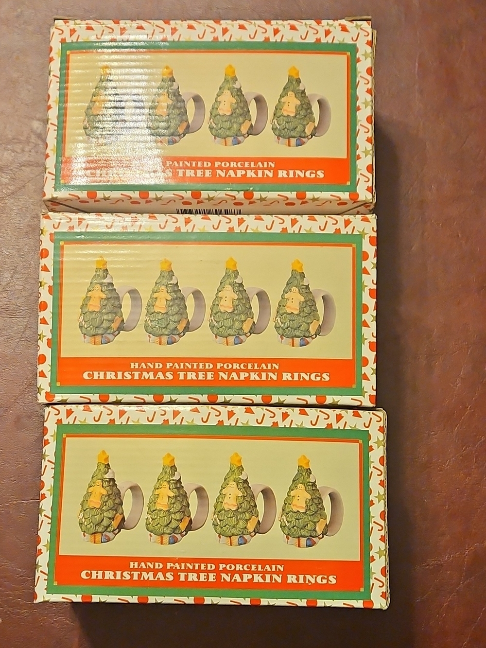 Hand-Painted Porcelain Christmas Tree Napkin Rings - Green